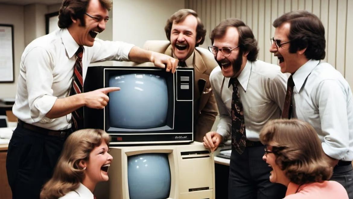 AI art of a group of 1980s office workers laughing while surrounding a desktop computer that has a television monitor on top of it.