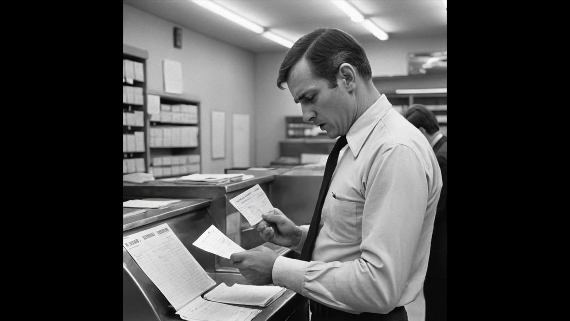 Black and white image of a man looking at receipts and invoices, an obscured male behind him.