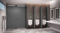 Bathroom with two stalls, three urinals and the sink and mirror area.