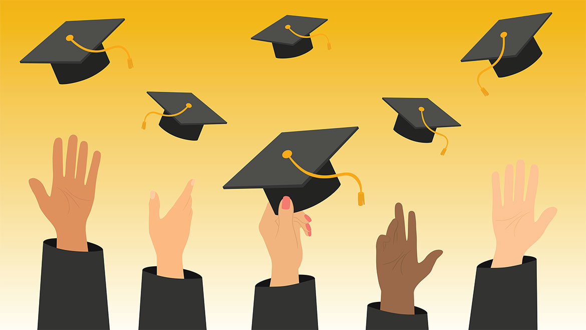 Illustration of hands throwing graduation caps in the air