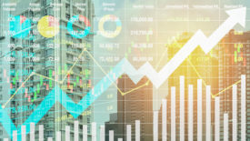 Stock financial index show successful investment on property business and construction industry with graph and chart for presentation and report background.